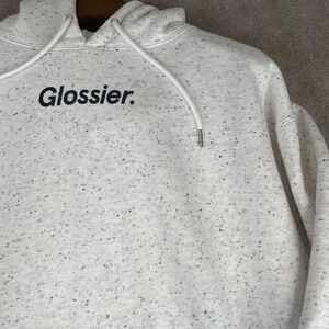 Glossier Speckled Hoodie Sweatshirt Pullover Logo Print White Large